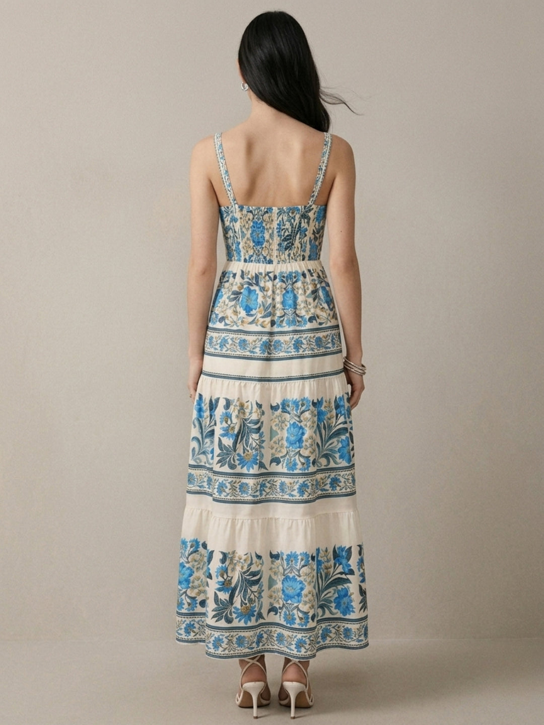 Blue Spaghetti Strap Printed Dress