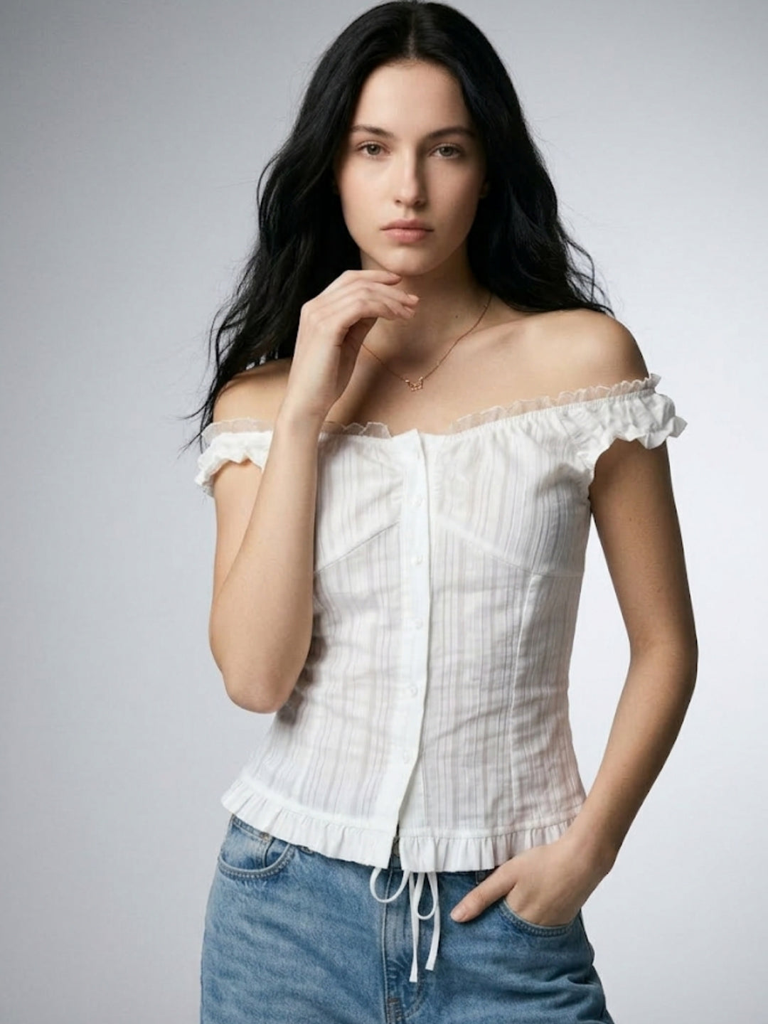 White Off Shoulder Ruffle Hem Shirt