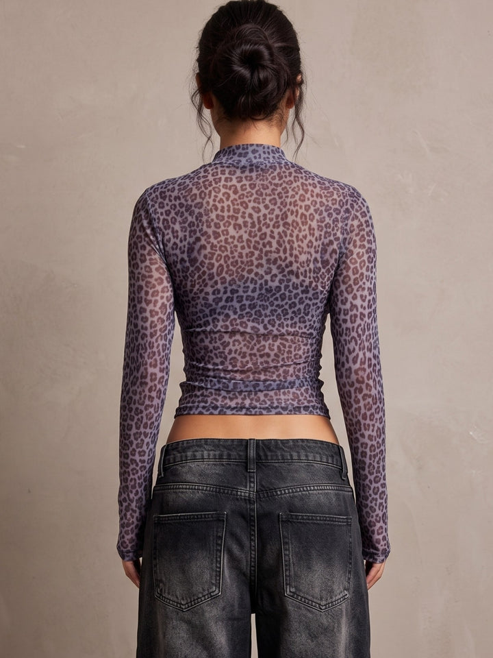 Multi Square Neck Animal Printed Mesh Top
