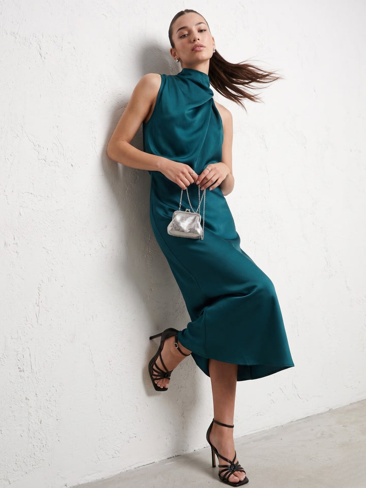 Teal Mock Neck Flared Dress