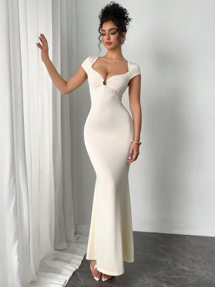 Beige Short Sleeve Metal Attached Dress