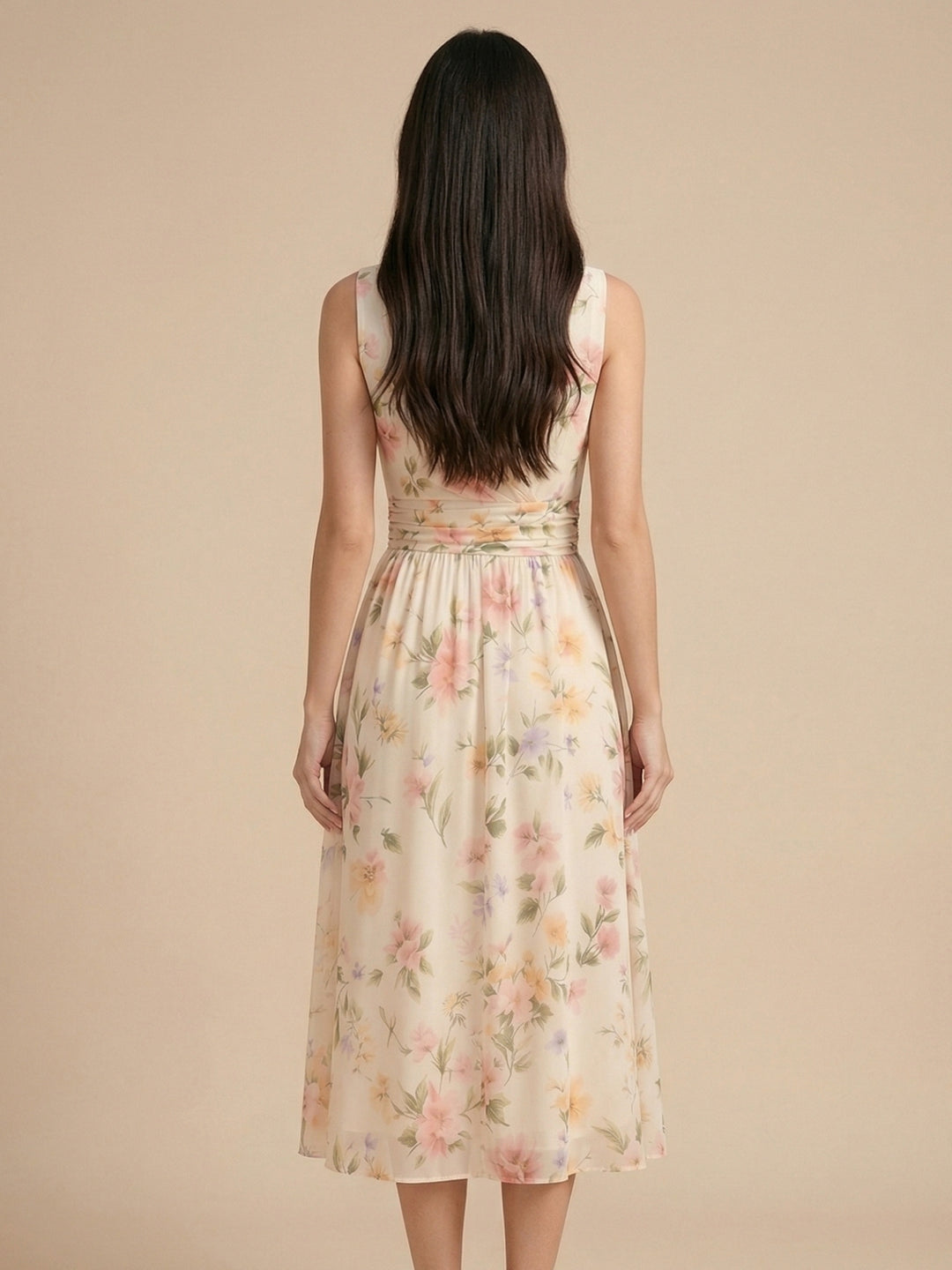 Off White Sleeveless Printed Dress