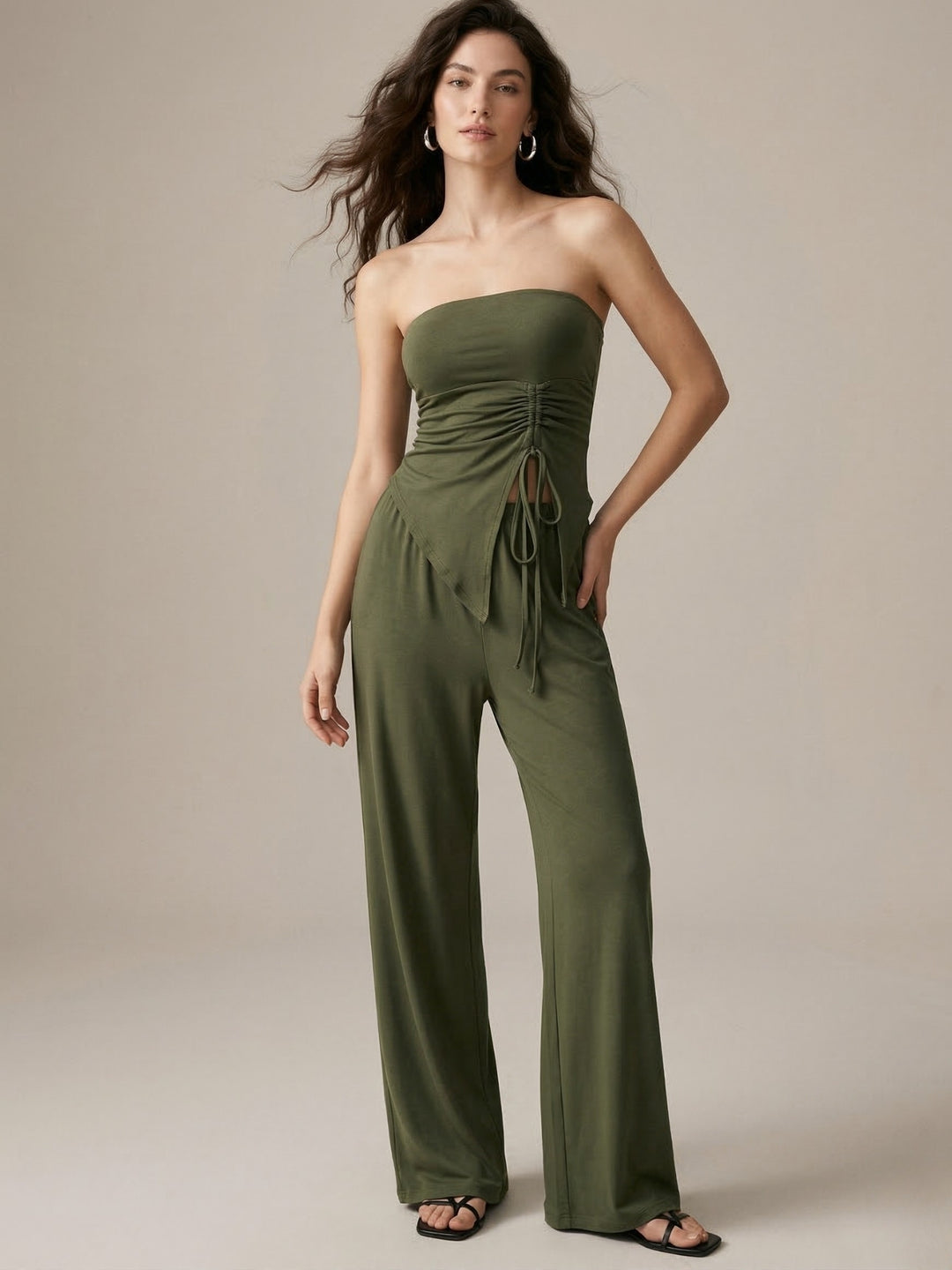Olive Tube Side Ruched Top And Pant Set