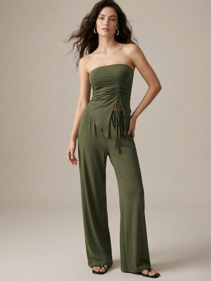 Olive Tube Side Ruched Top And Pant Set