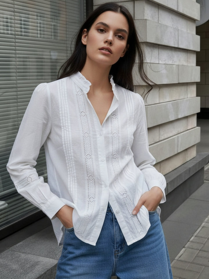 White Full Sleeves Ruffle Neckline Textured Shirt