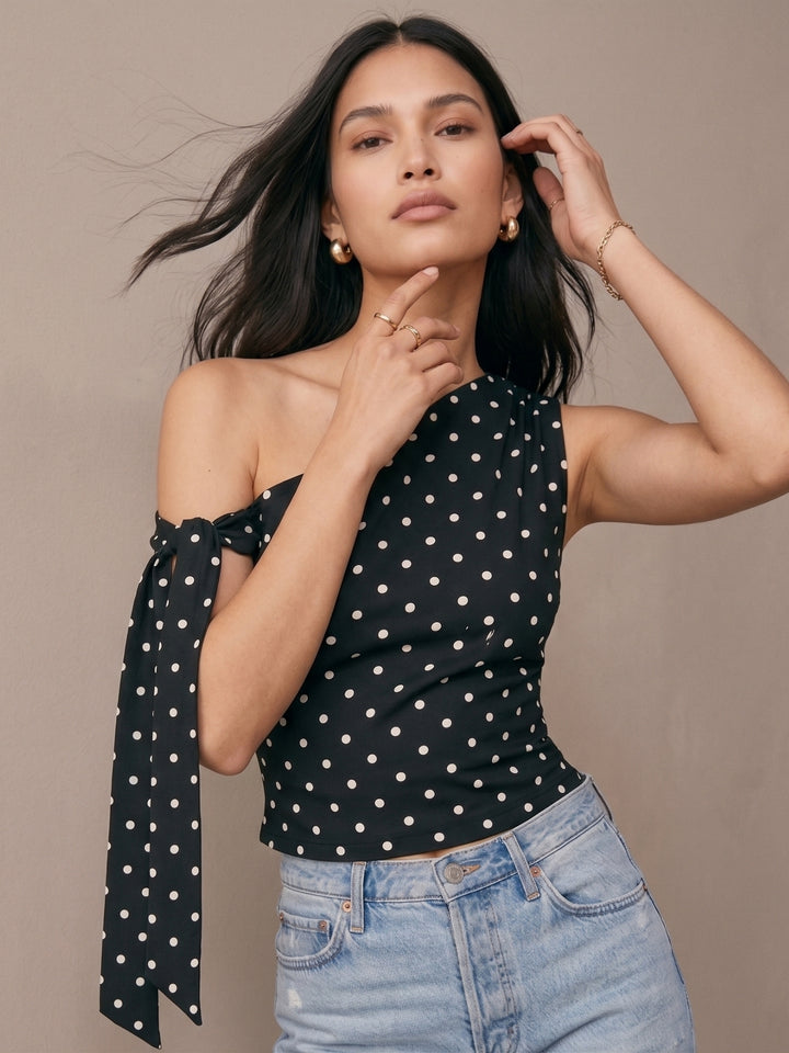 Black One Shoulder Tie-Up Polka Top