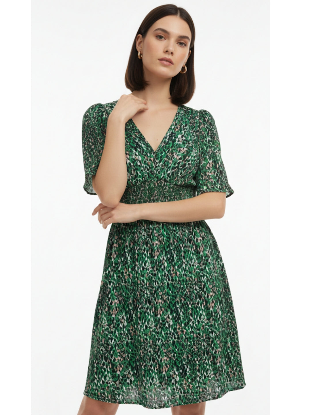 Green Puff Sleeve V Neck Printed Dress