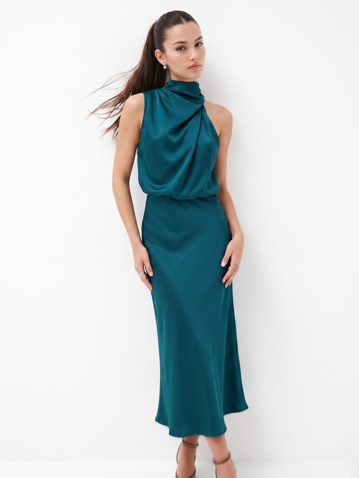 Teal Mock Neck Flared Dress