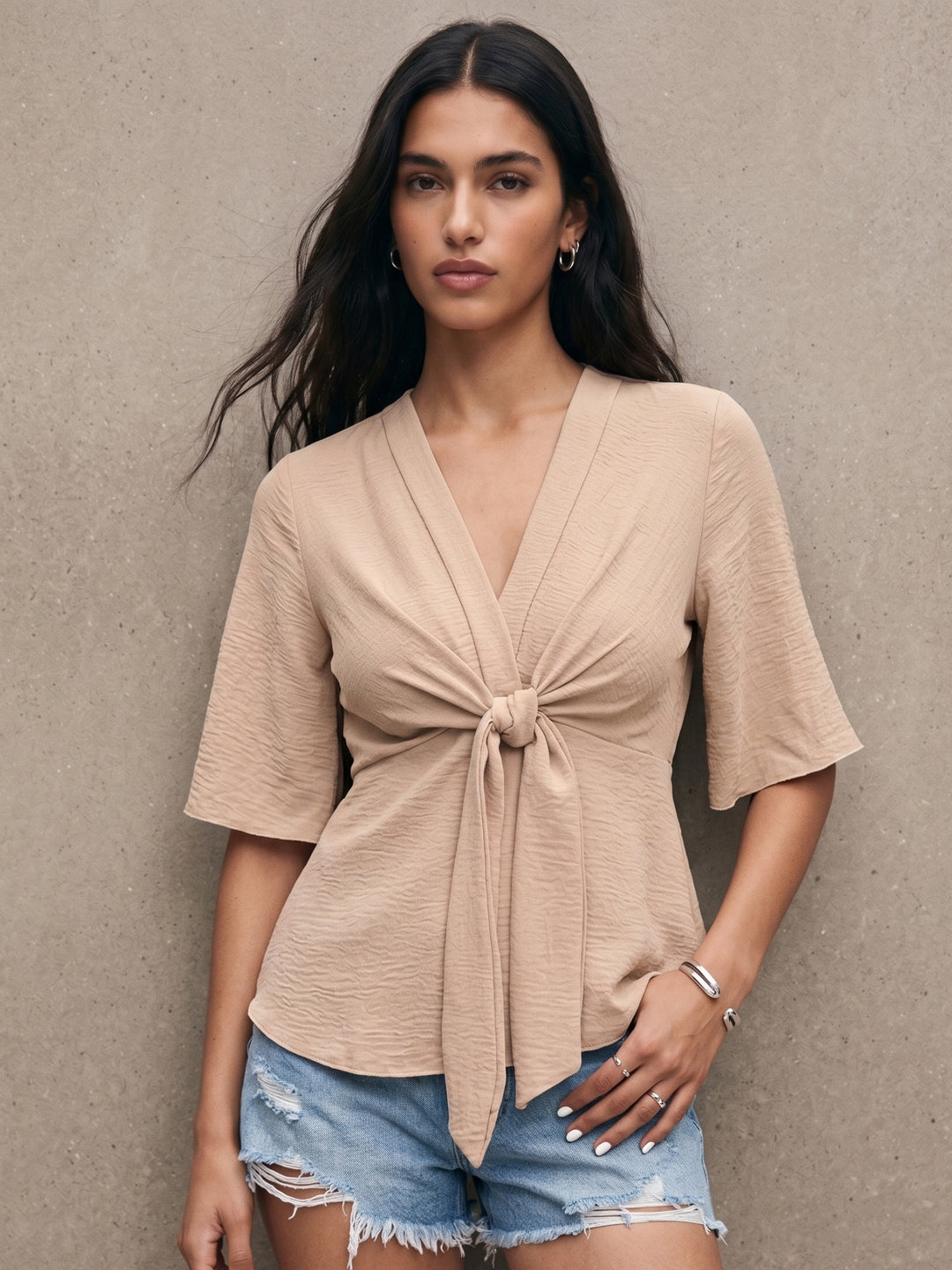 Peach Short Sleeve Front Twisted Top