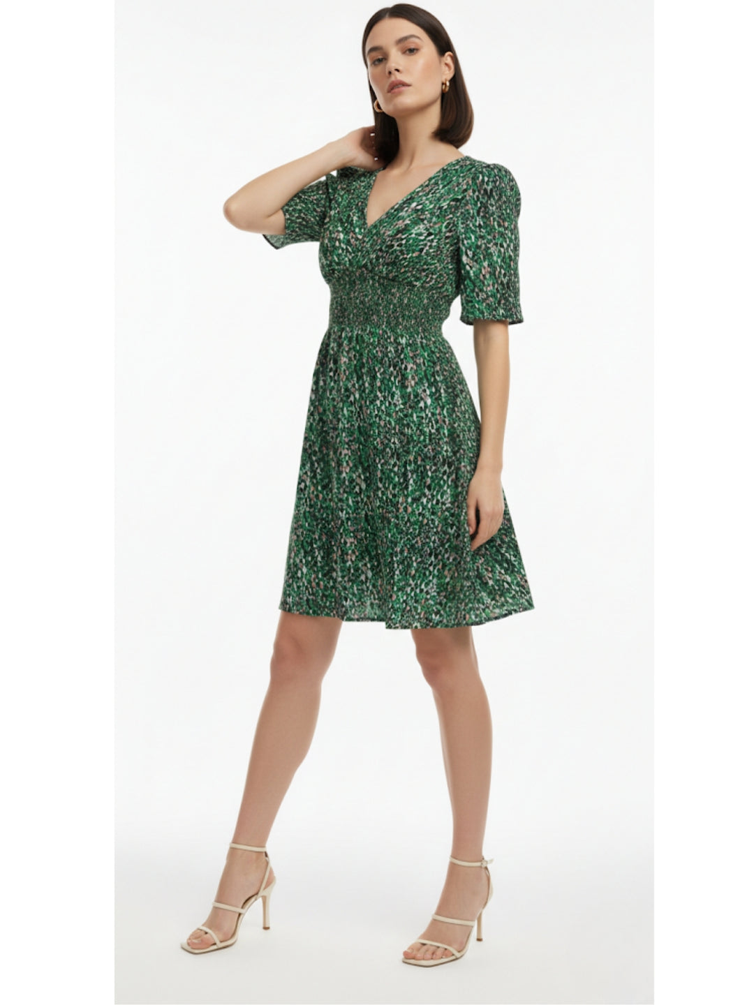 Green Puff Sleeve V Neck Printed Dress