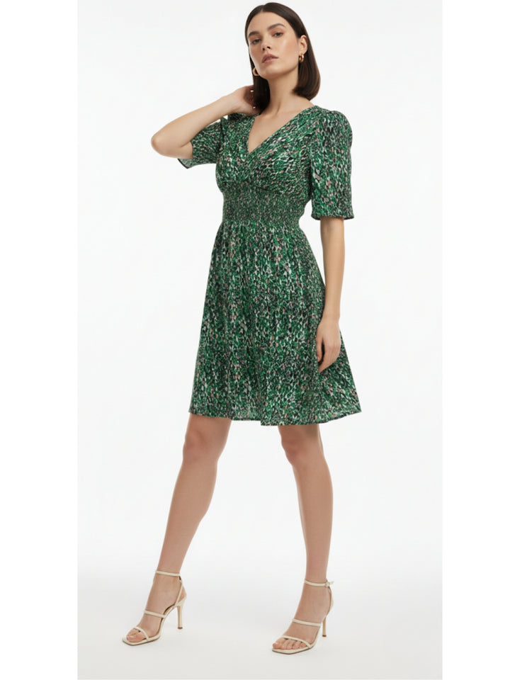 Green Puff Sleeve V Neck Printed Dress