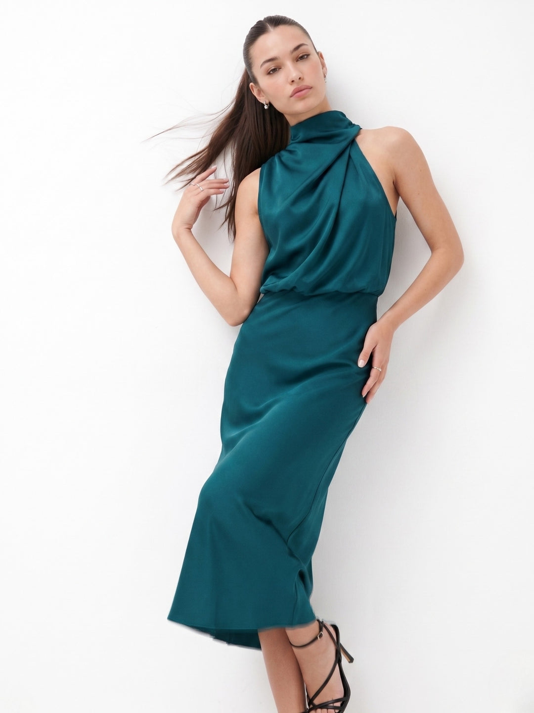 Teal Mock Neck Flared Dress