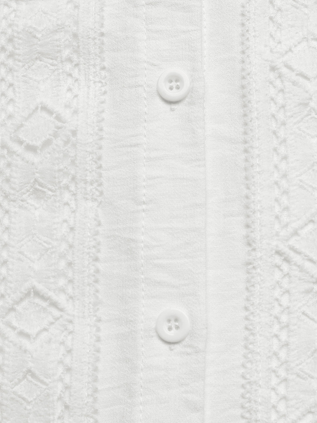 White Full Sleeves Ruffle Neckline Textured Shirt