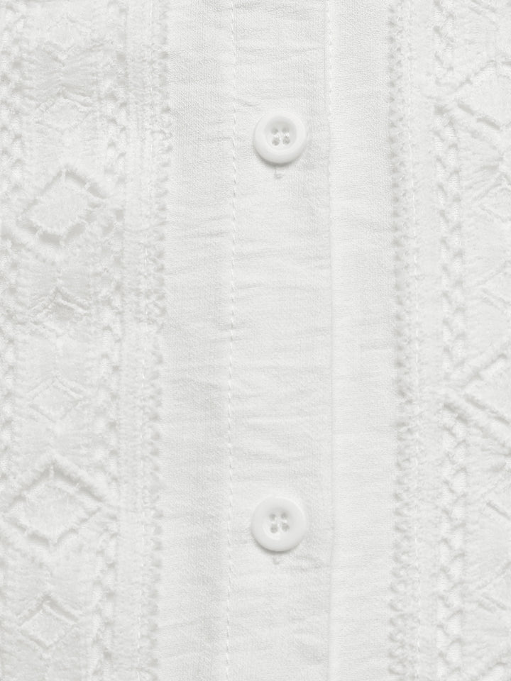 White Full Sleeves Ruffle Neckline Textured Shirt