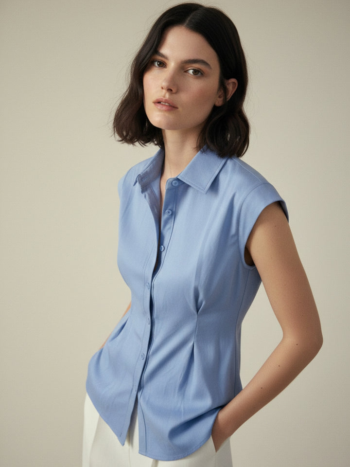 Light Blue Collared Neck Waist Fitted Front Buttoned Shirt