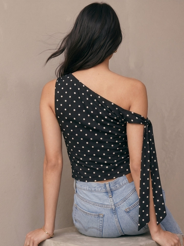 Black One Shoulder Tie-Up Polka Top