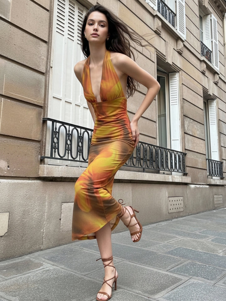 Yellow Halter Neck Floral Printed Dress