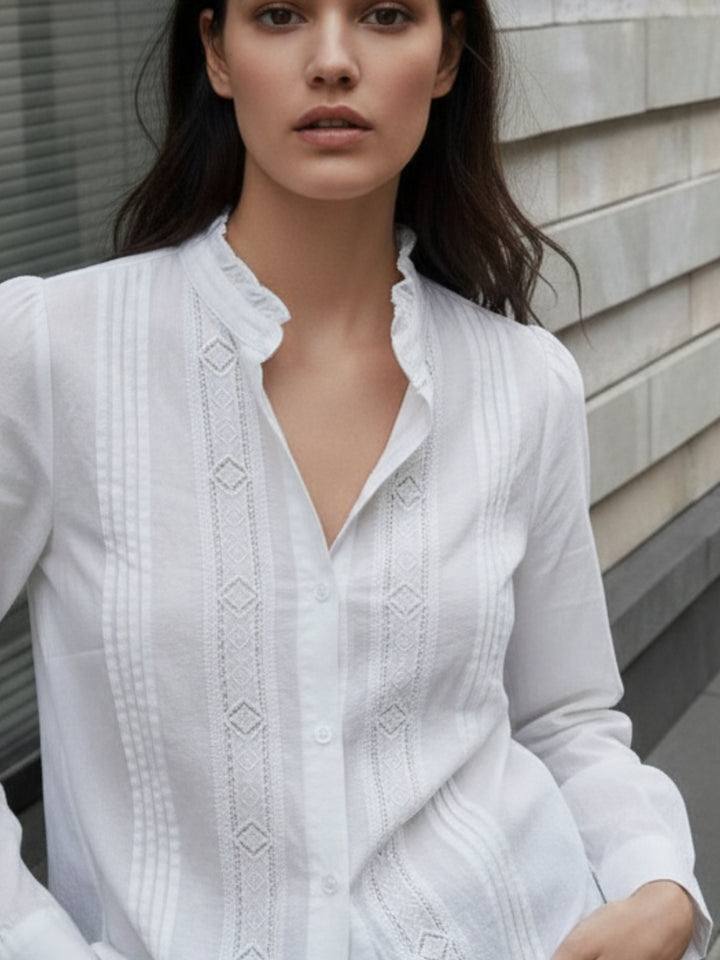 White Full Sleeves Ruffle Neckline Textured Shirt