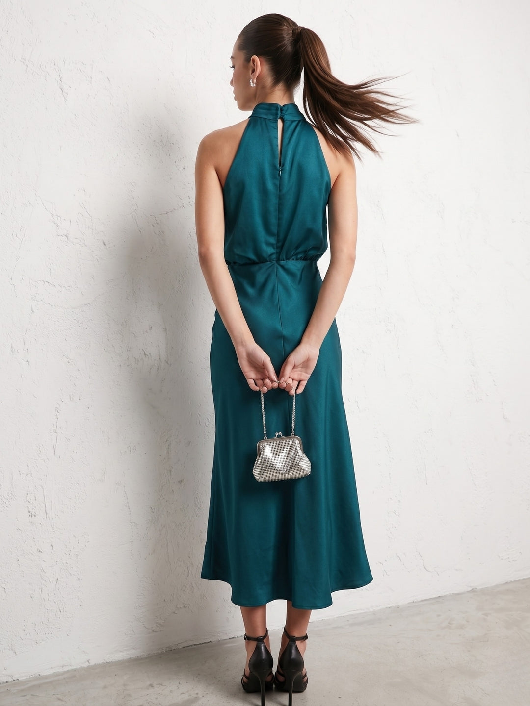 Teal Mock Neck Flared Dress