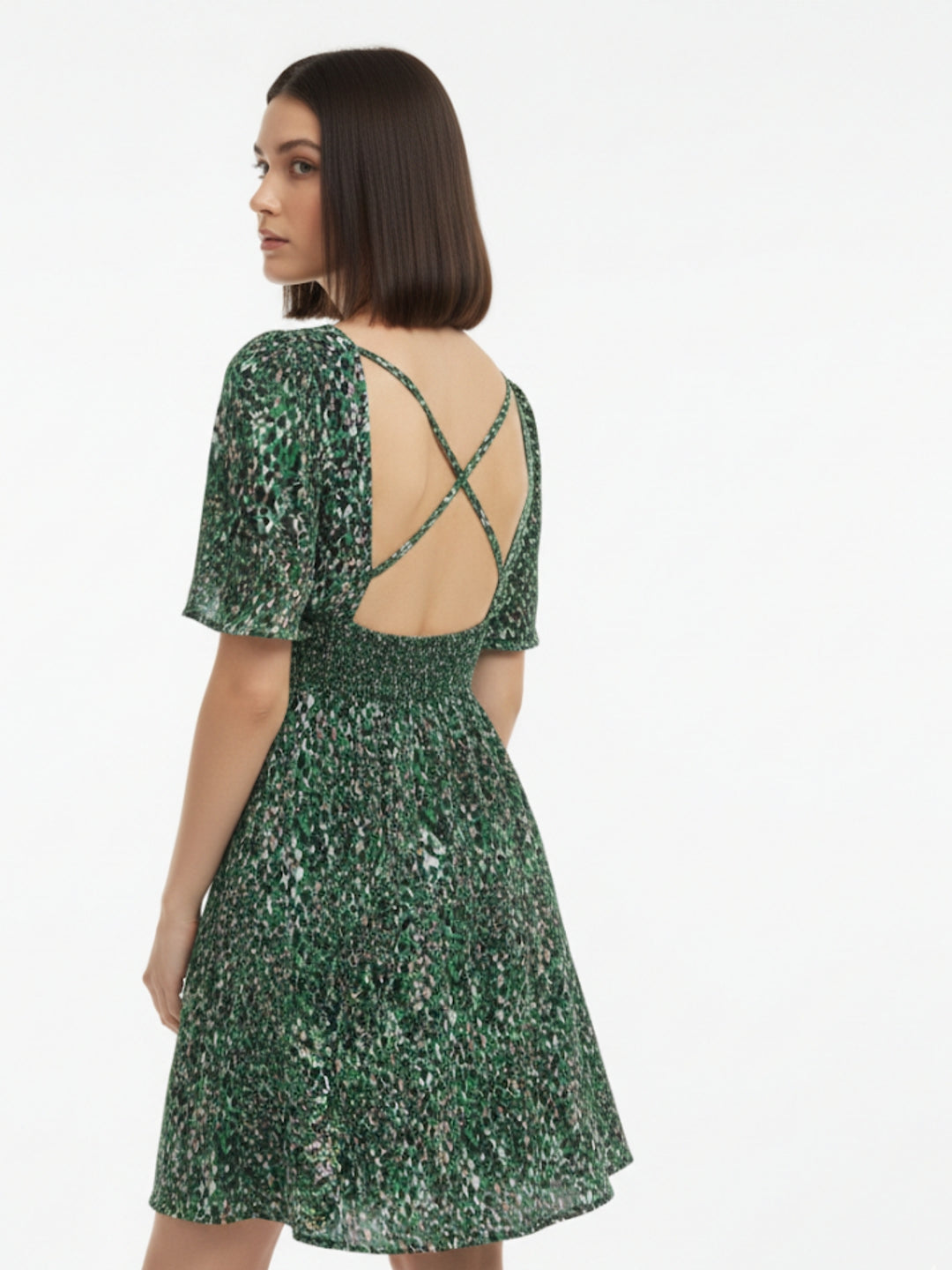Green Puff Sleeve V Neck Printed Dress