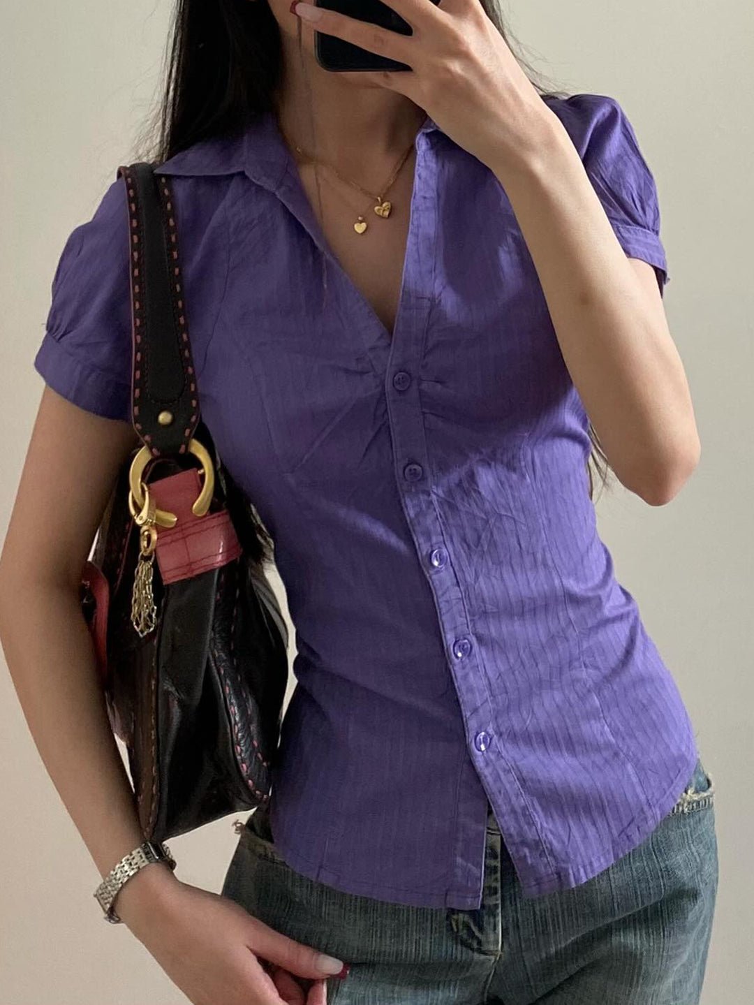 Purple Short Sleeve Front Button Shirt