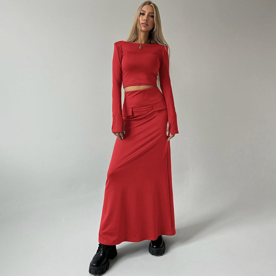 Red Full Sleeve Top And Skrit Co-Ord Set