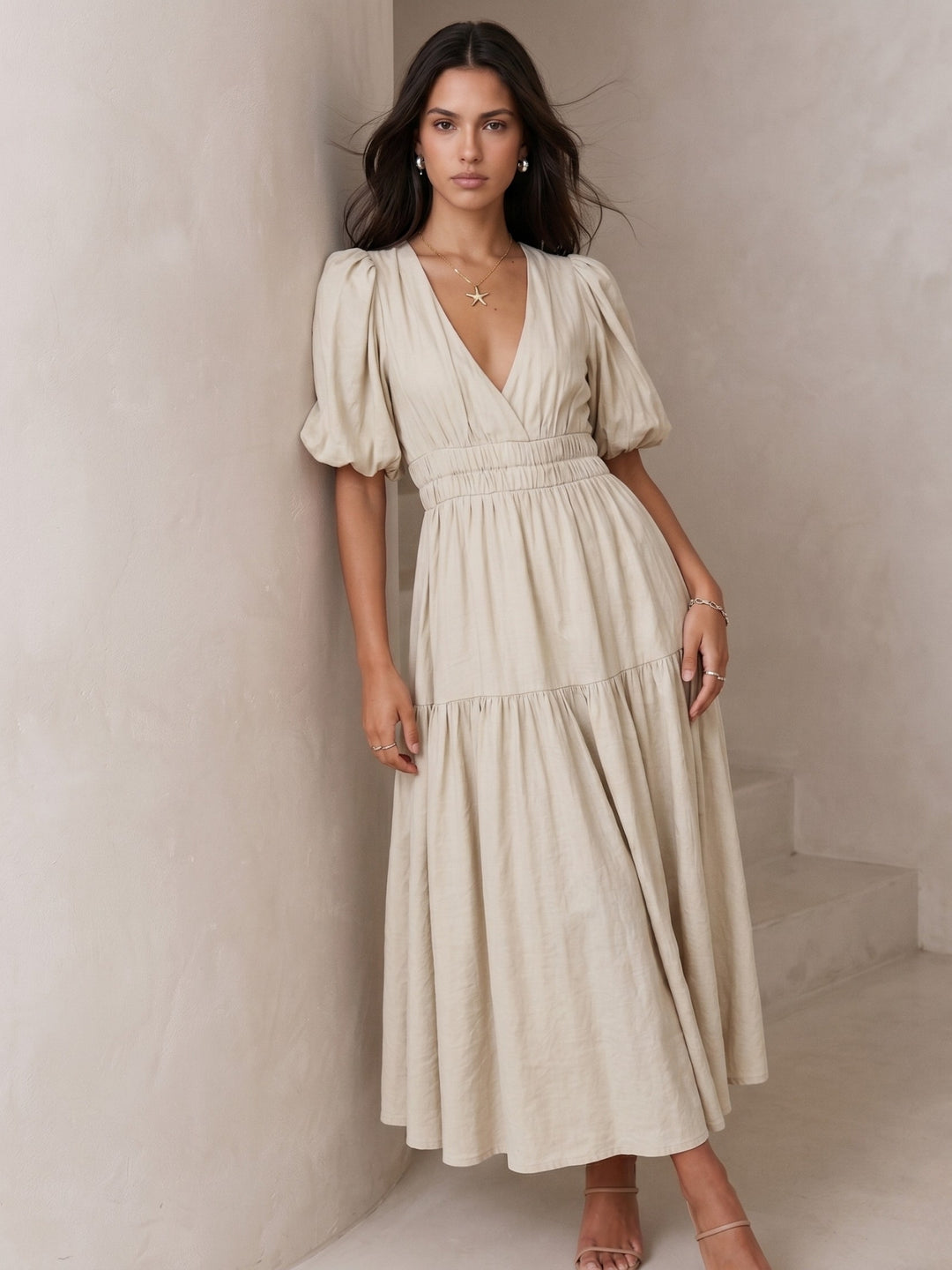 Off White Puff Sleeve Tiered Dress