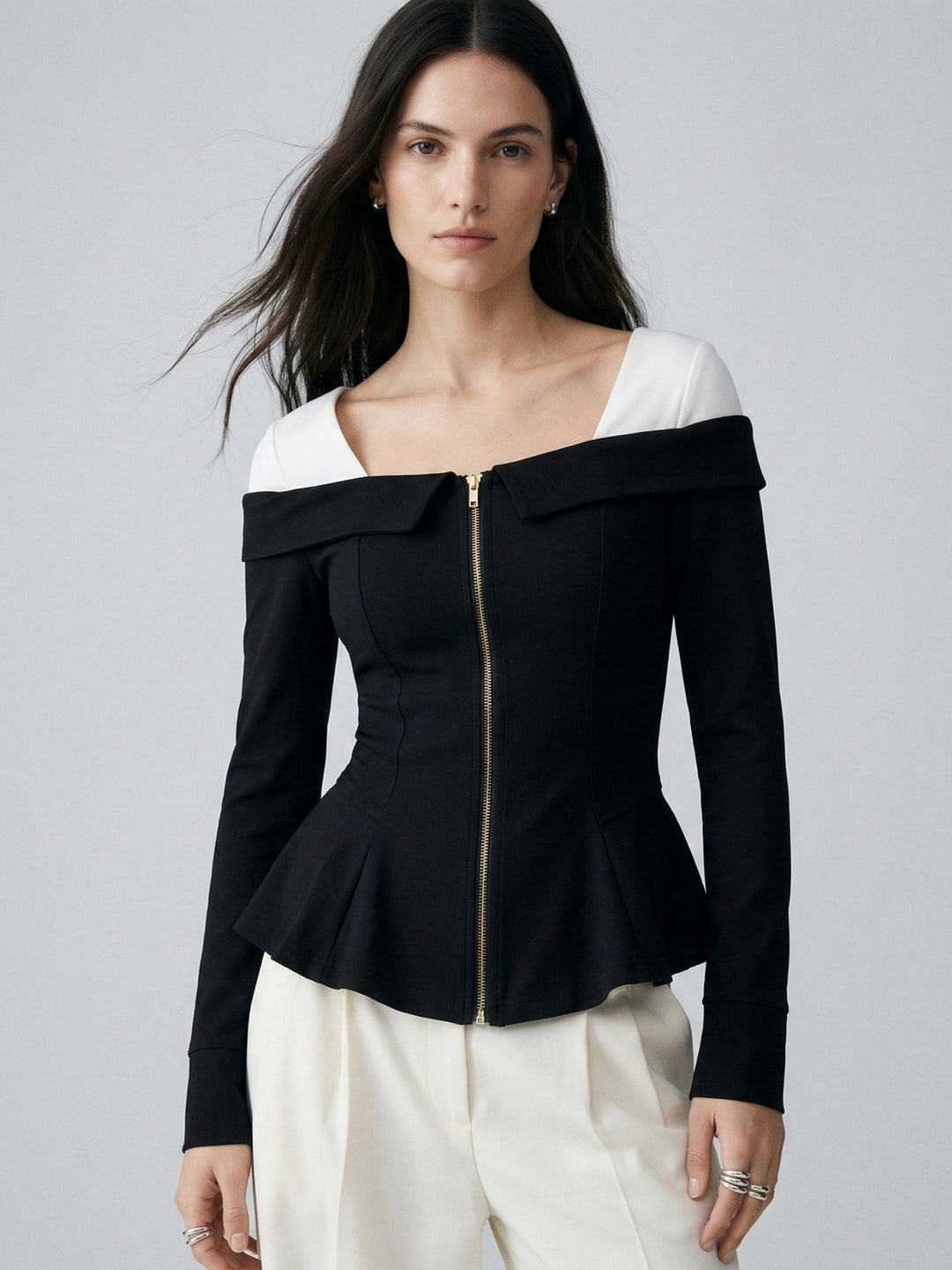 Black Off Shoulder Front Zip Peplum Style Top