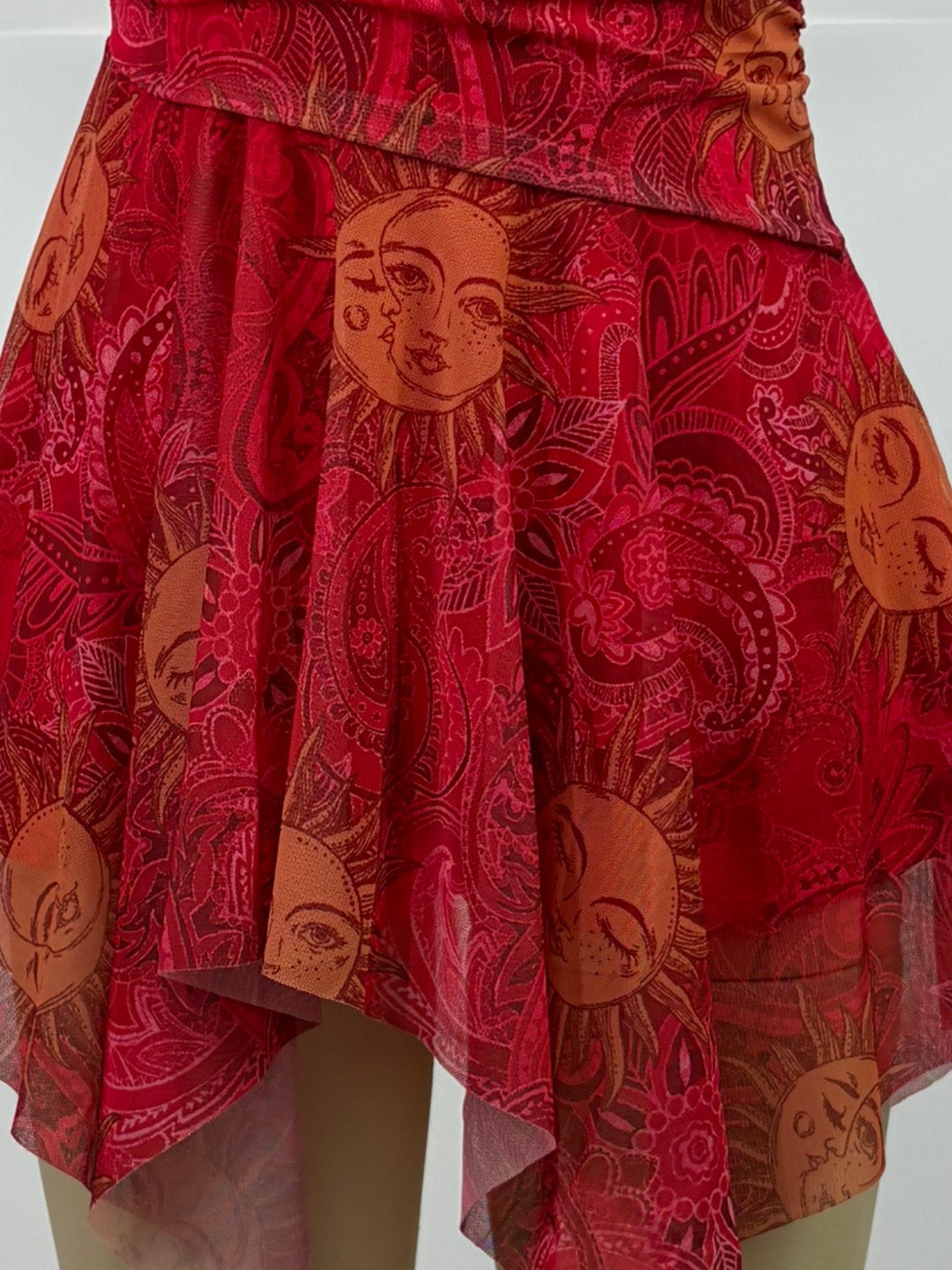 Red Printed Halter Neck Skater Dress With Asymmetric Hem