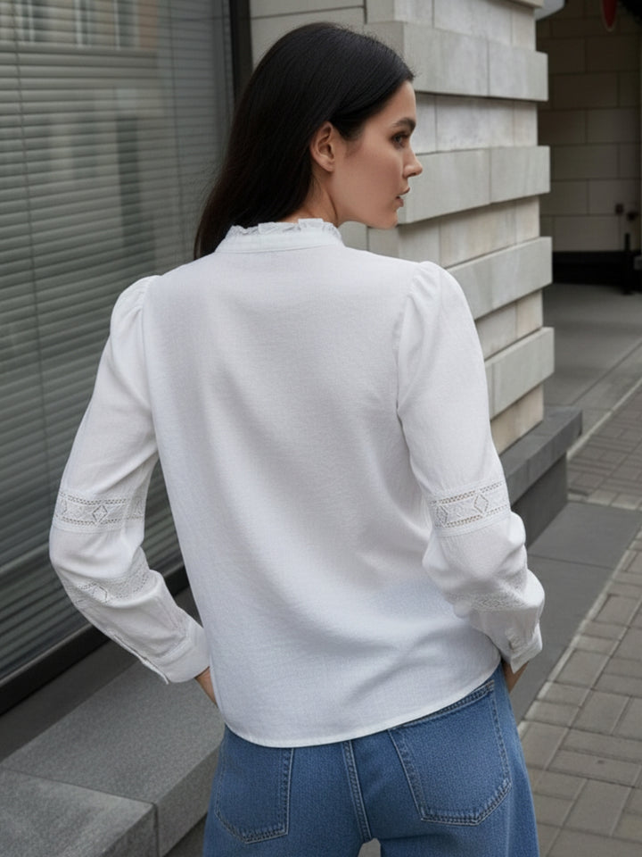White Full Sleeves Ruffle Neckline Textured Shirt