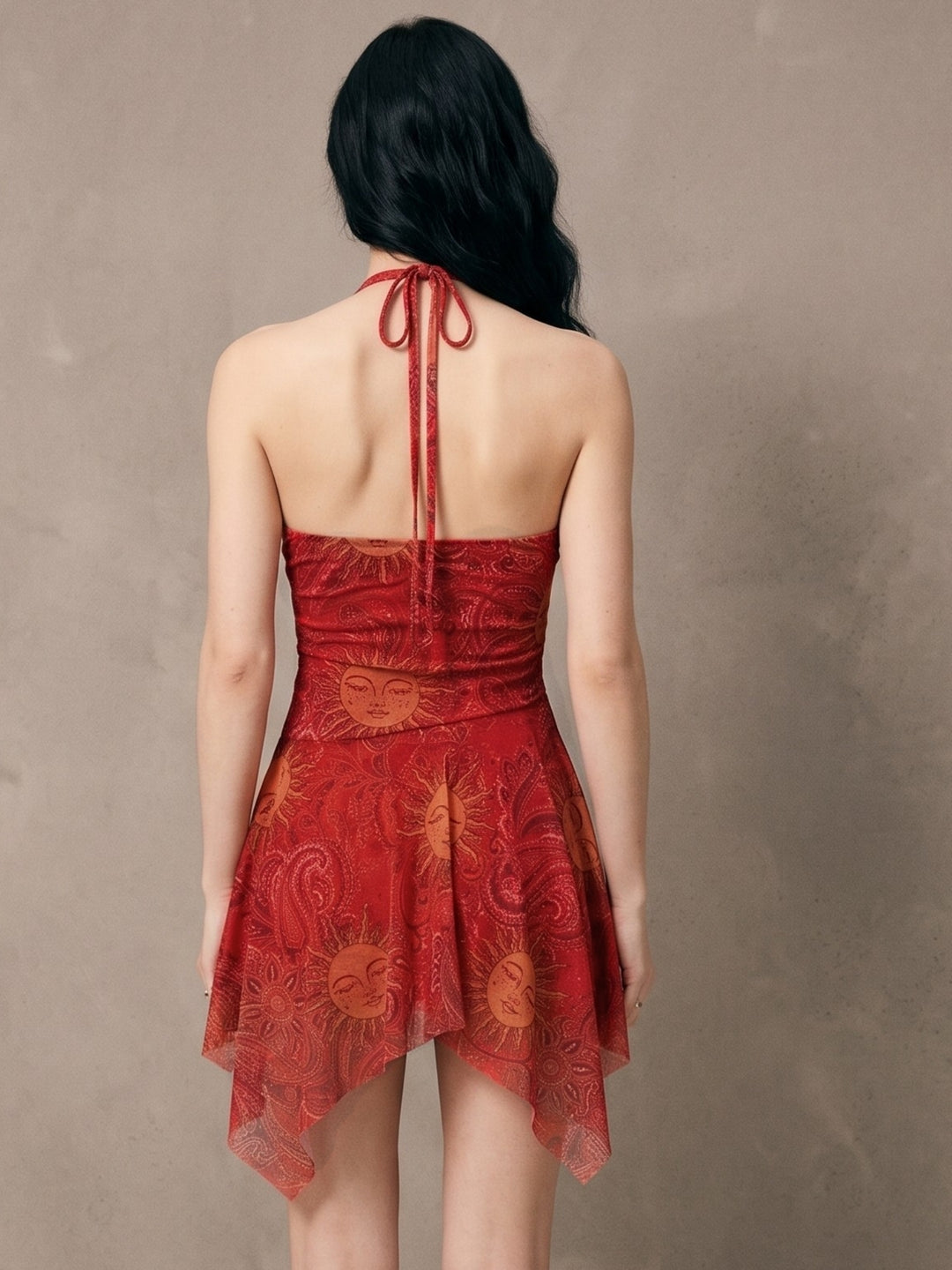 Red Printed Halter Neck Skater Dress With Asymmetric Hem