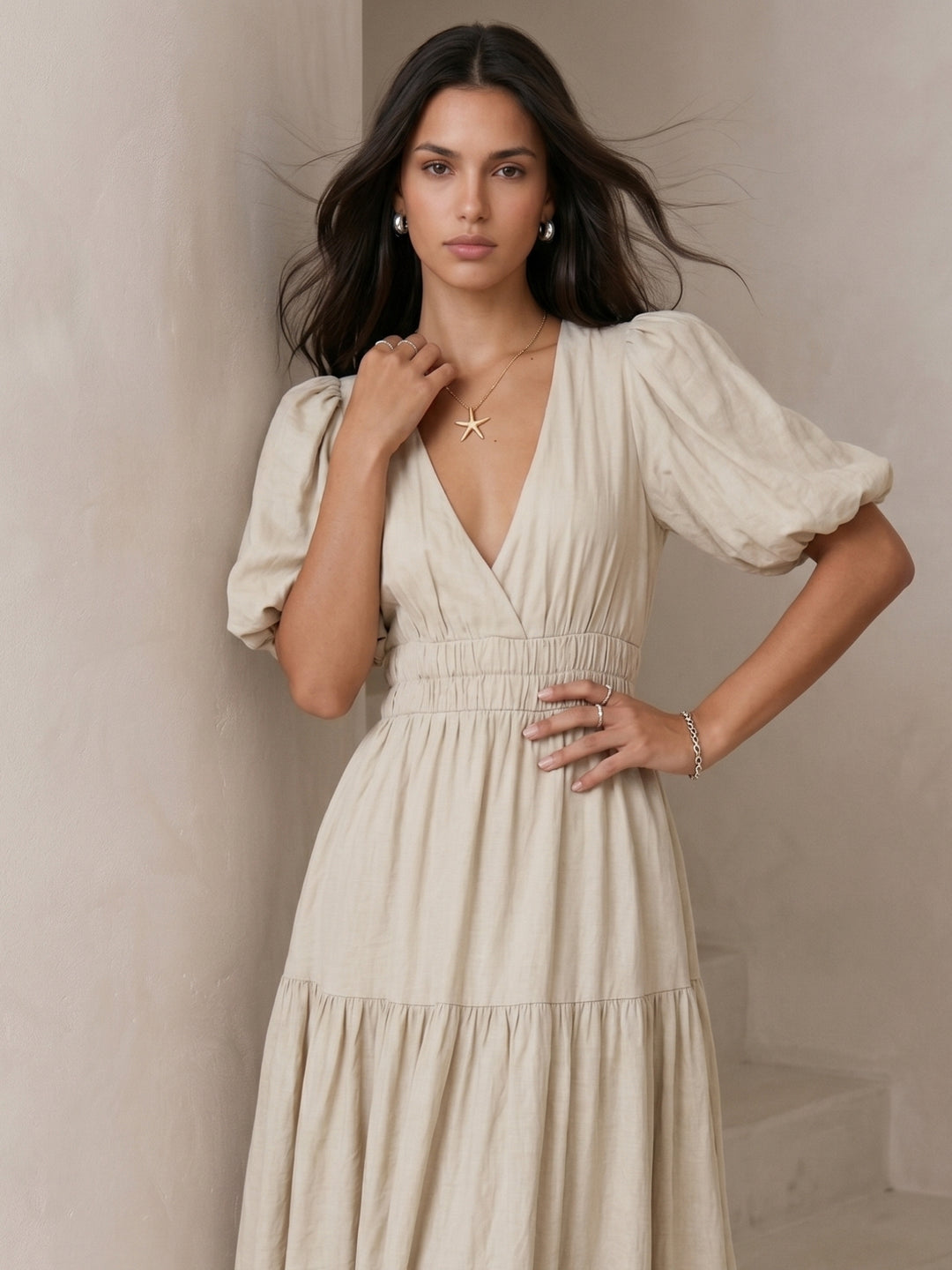 Off White Puff Sleeve Tiered Dress