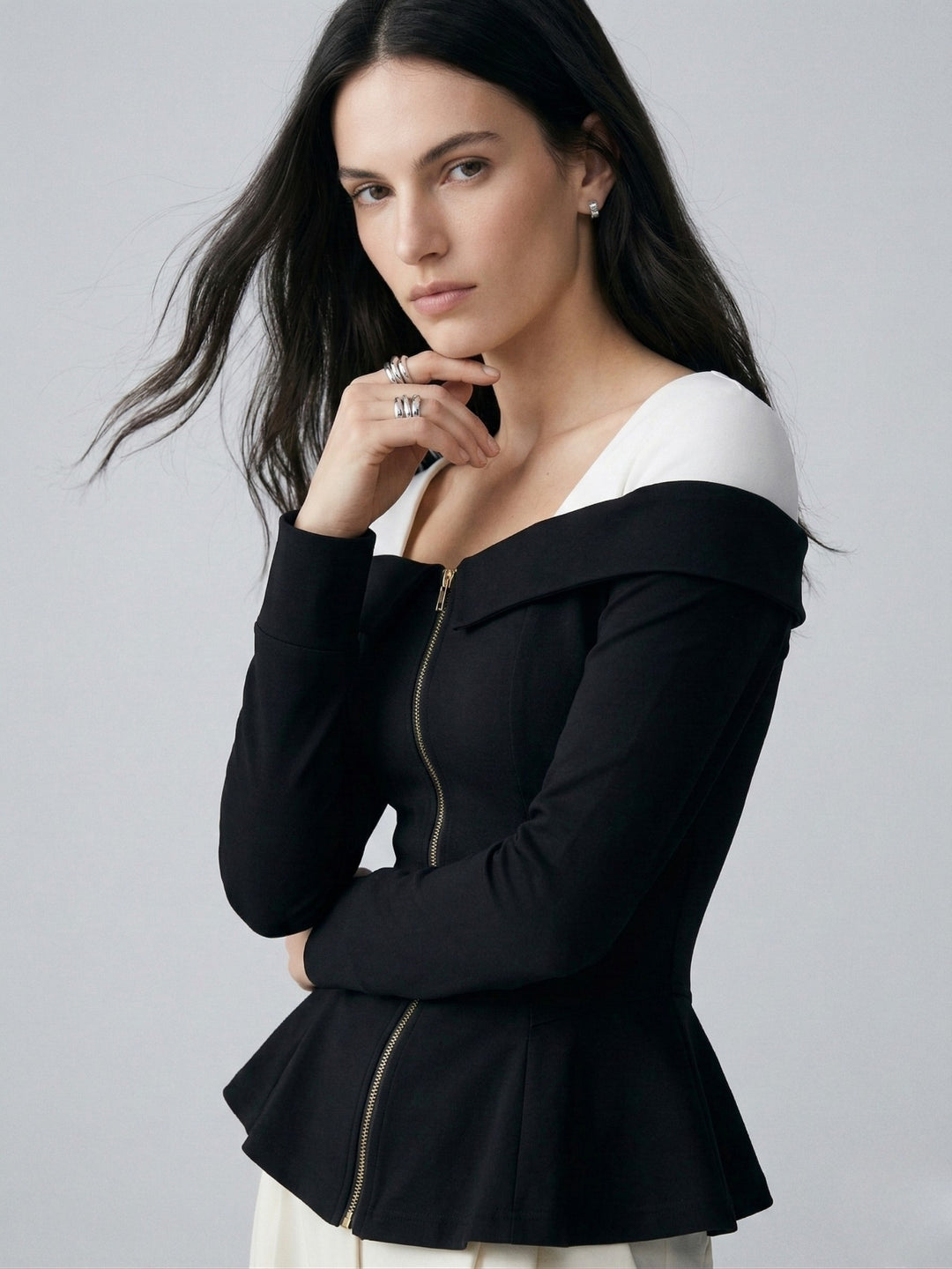 Black Off Shoulder Front Zip Peplum Style Top