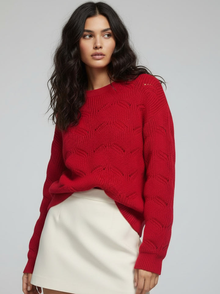 Red Full Sleeve Round Neck Fur Slouchy Sweater