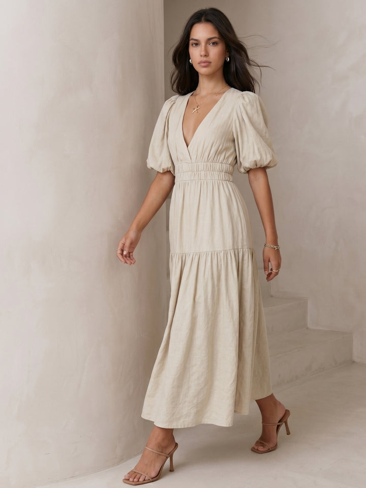 Off White Puff Sleeve Tiered Dress