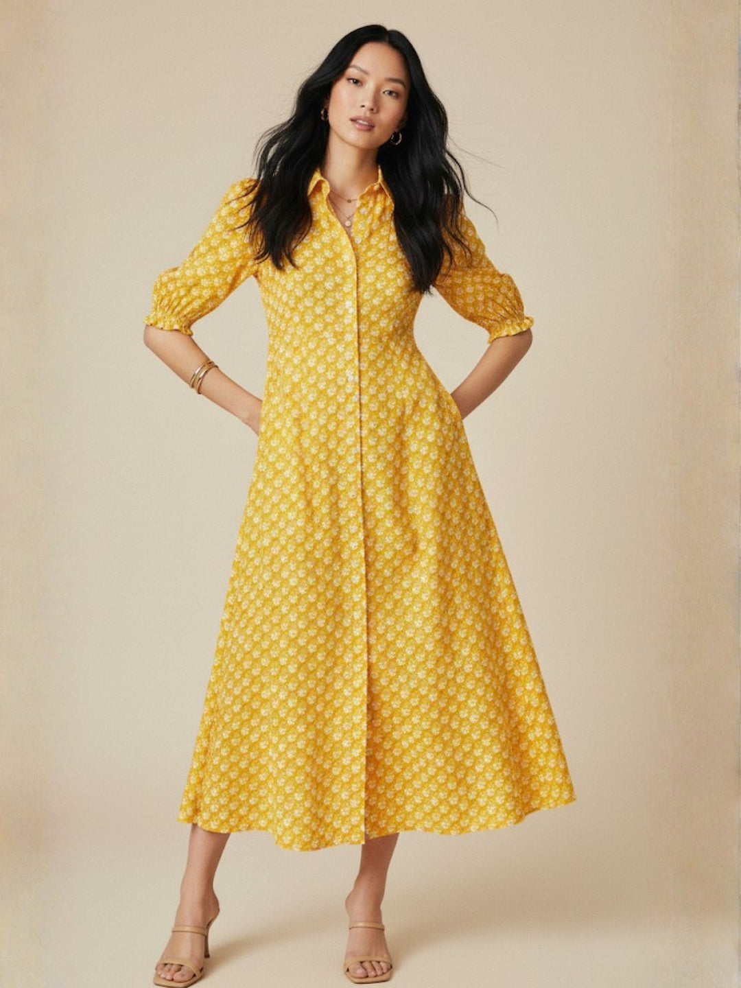 Yellow Fit And Flare Half Sleeves Schiffli Midi Dress