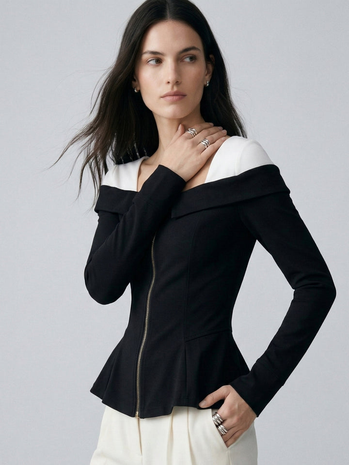 Black Off Shoulder Front Zip Peplum Style Top
