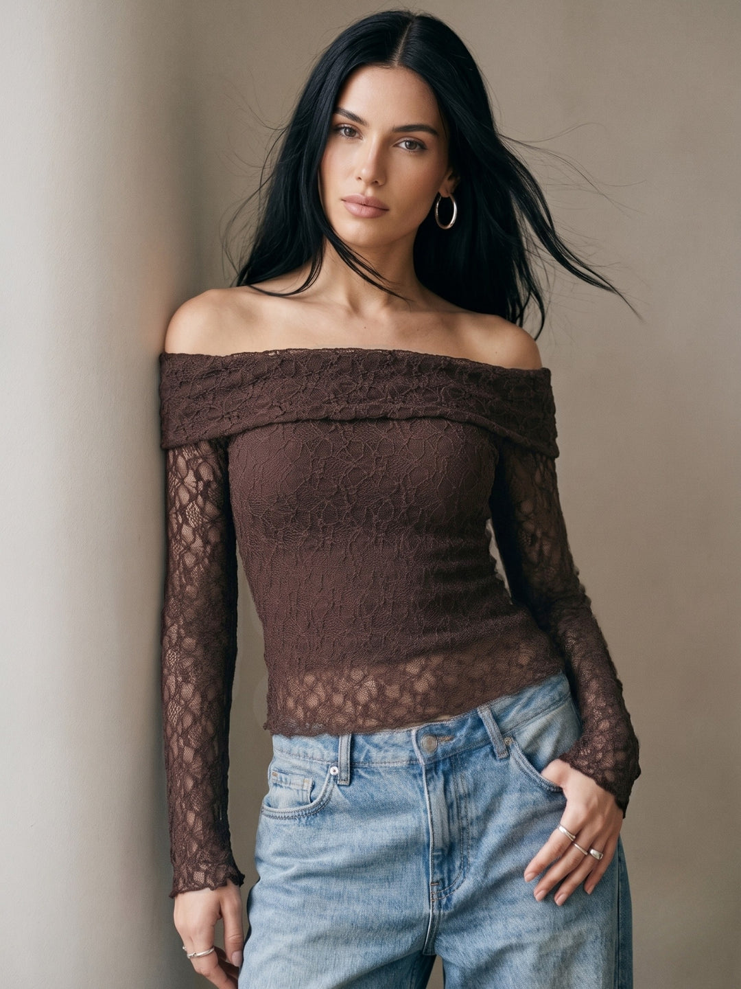 Brown Off-Shoulder Fitted Lace Top