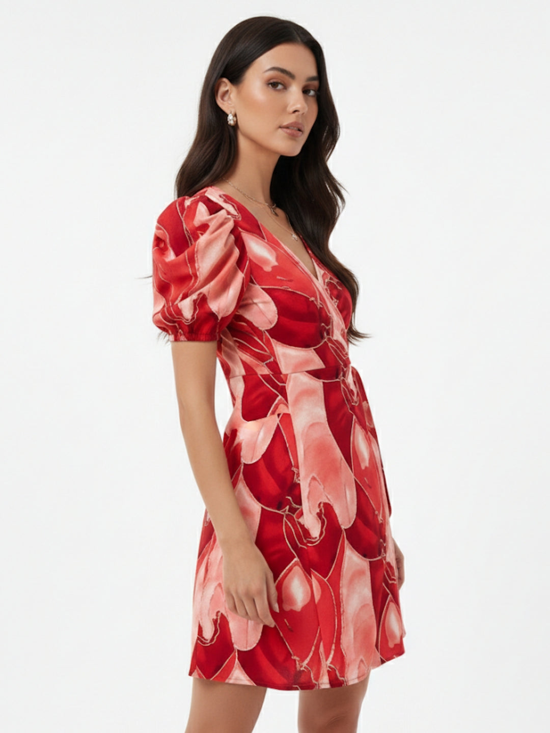 Red Puff Sleeve Wrap Printed Dress