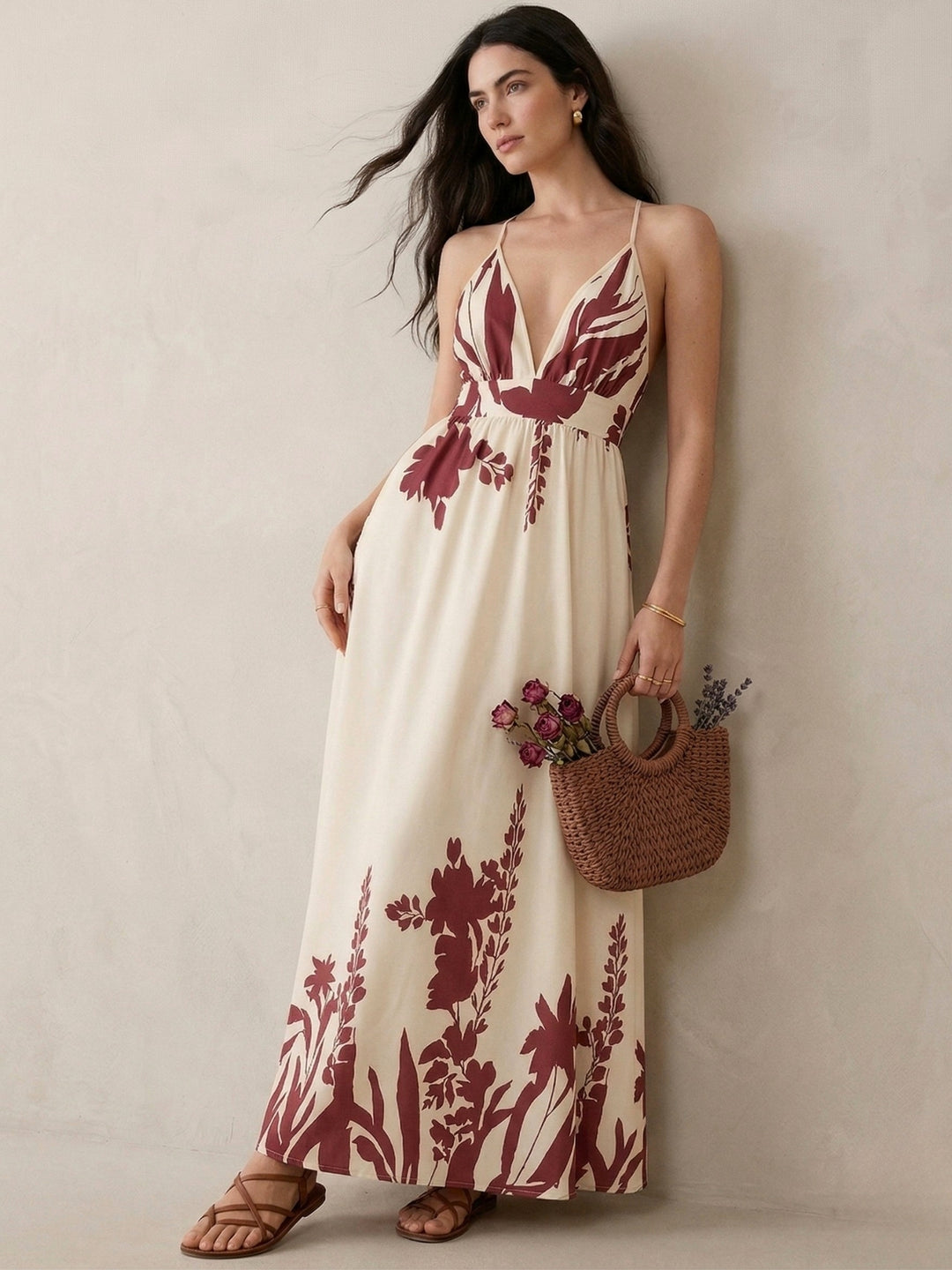 Cream Plunge Neck Placement Printed Dress