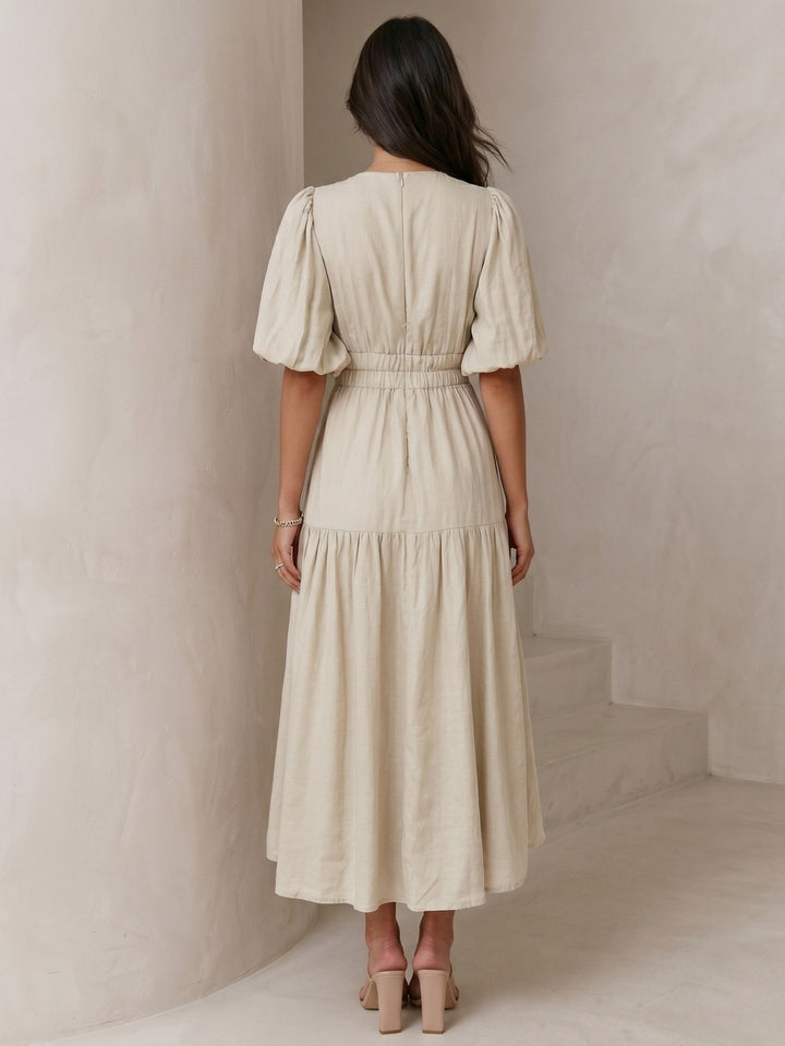 Off White Puff Sleeve Tiered Dress