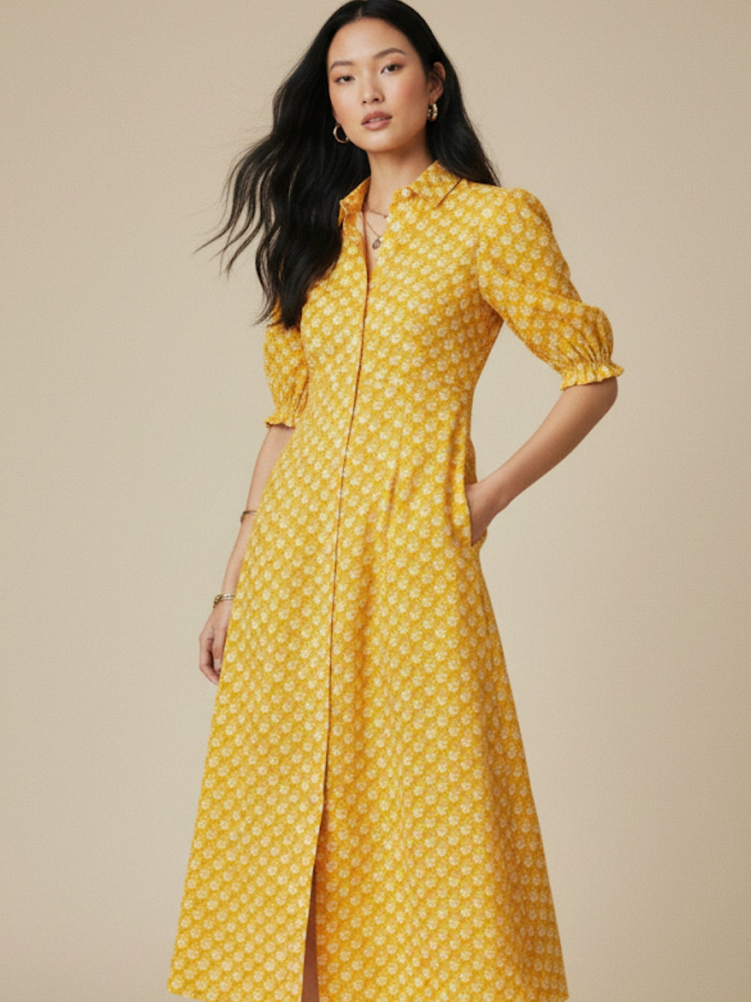 Yellow Fit And Flare Half Sleeves Schiffli Midi Dress