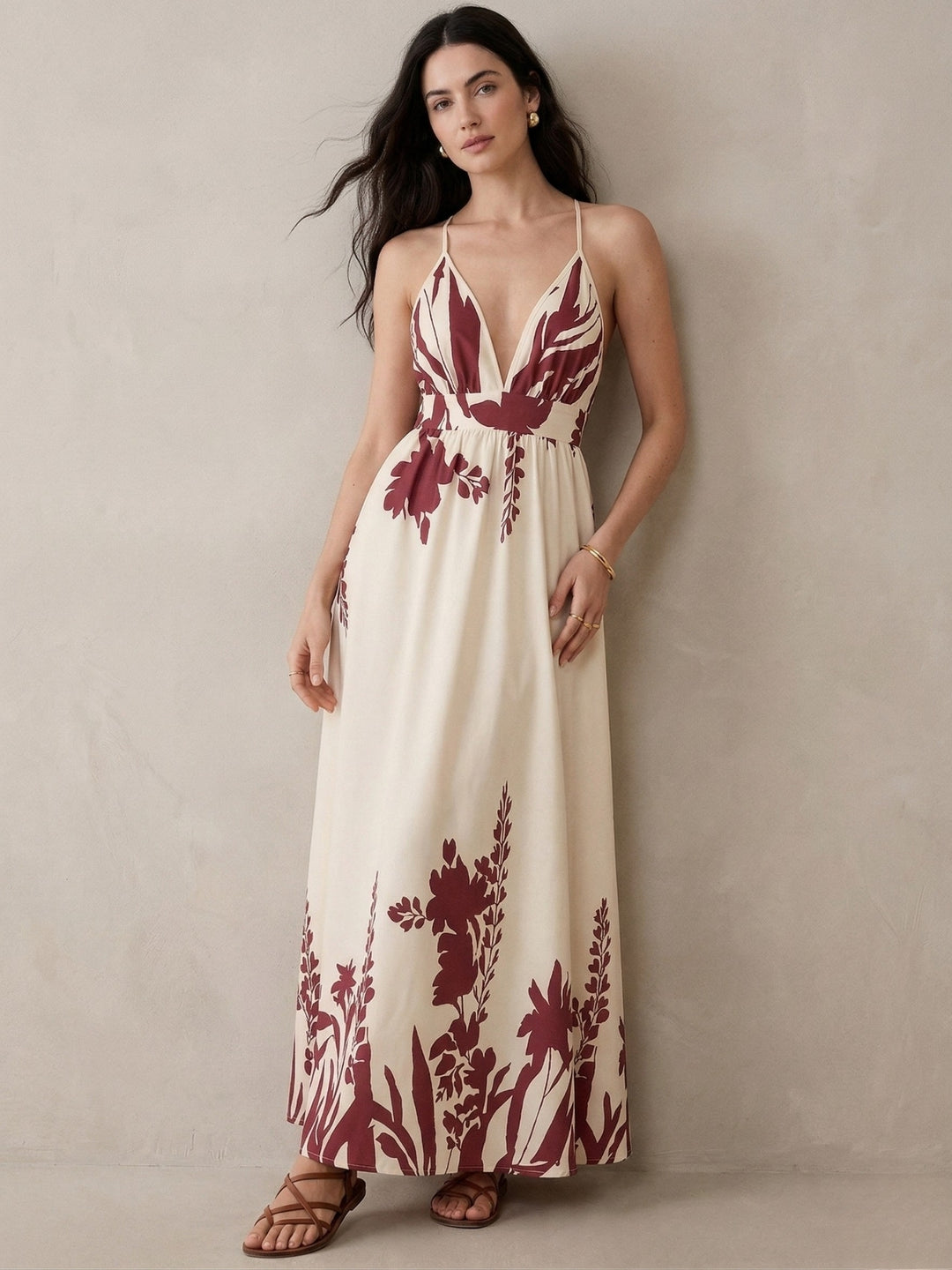 Cream Plunge Neck Placement Printed Dress