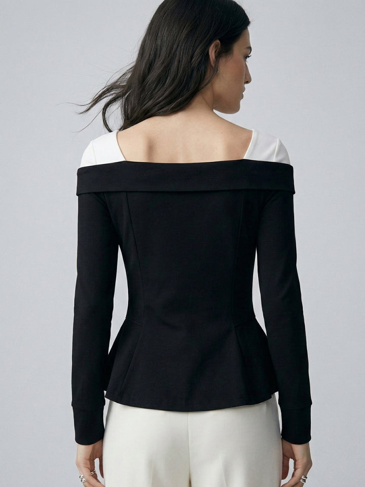 Black Off Shoulder Front Zip Peplum Style Top
