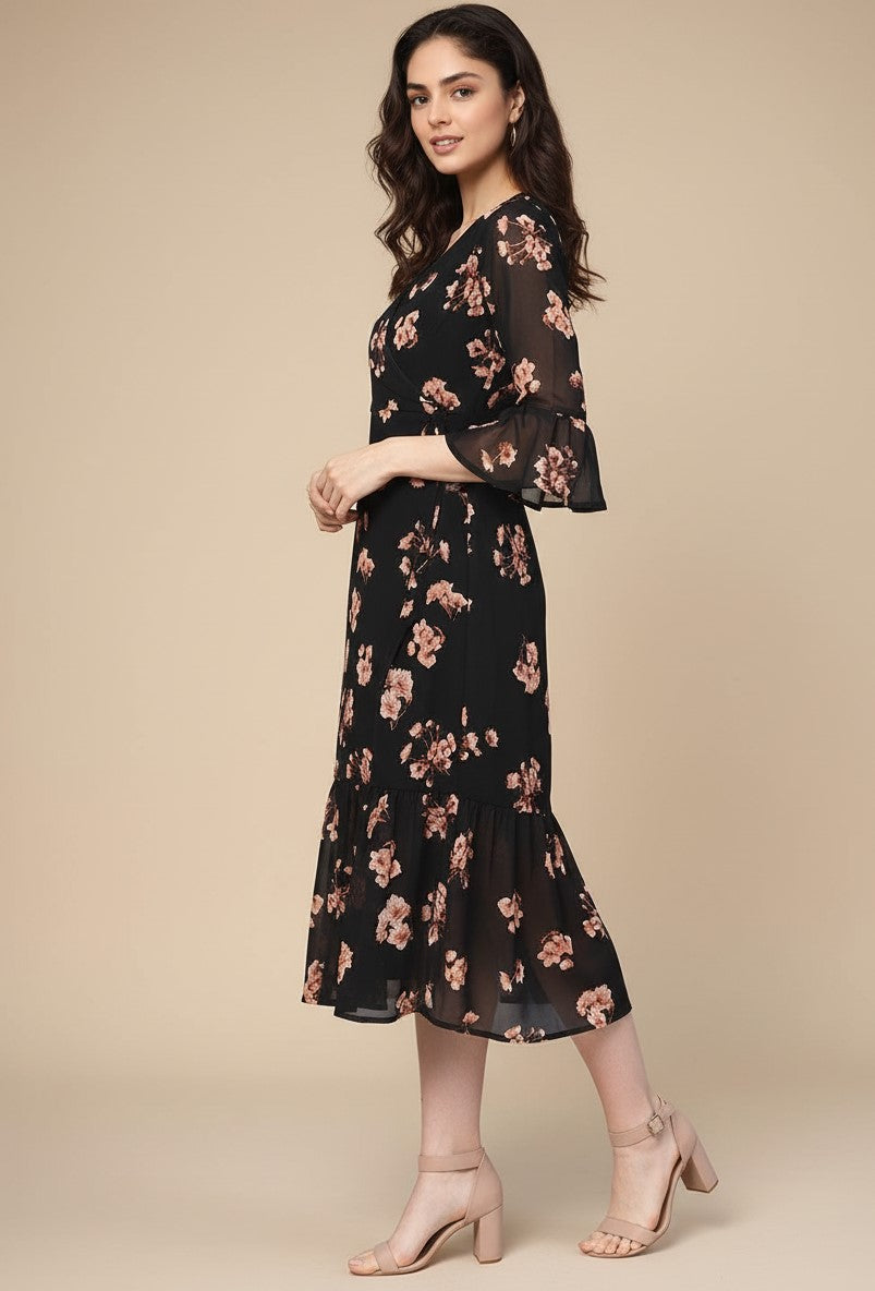 Black Bishop Sleeve Printed V Neck Dress