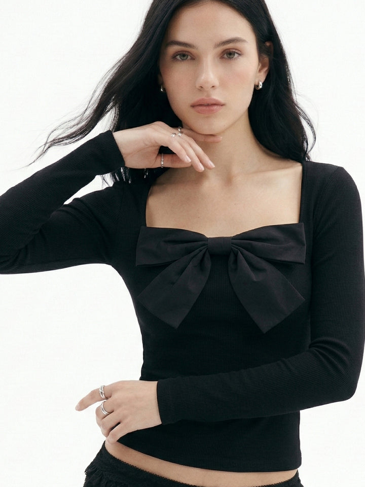 Black Full Sleeve Bow Detail Top