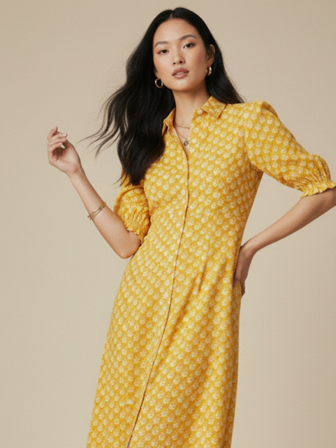 Yellow Fit And Flare Half Sleeves Schiffli Midi Dress