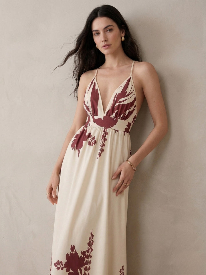 Cream Plunge Neck Placement Printed Dress