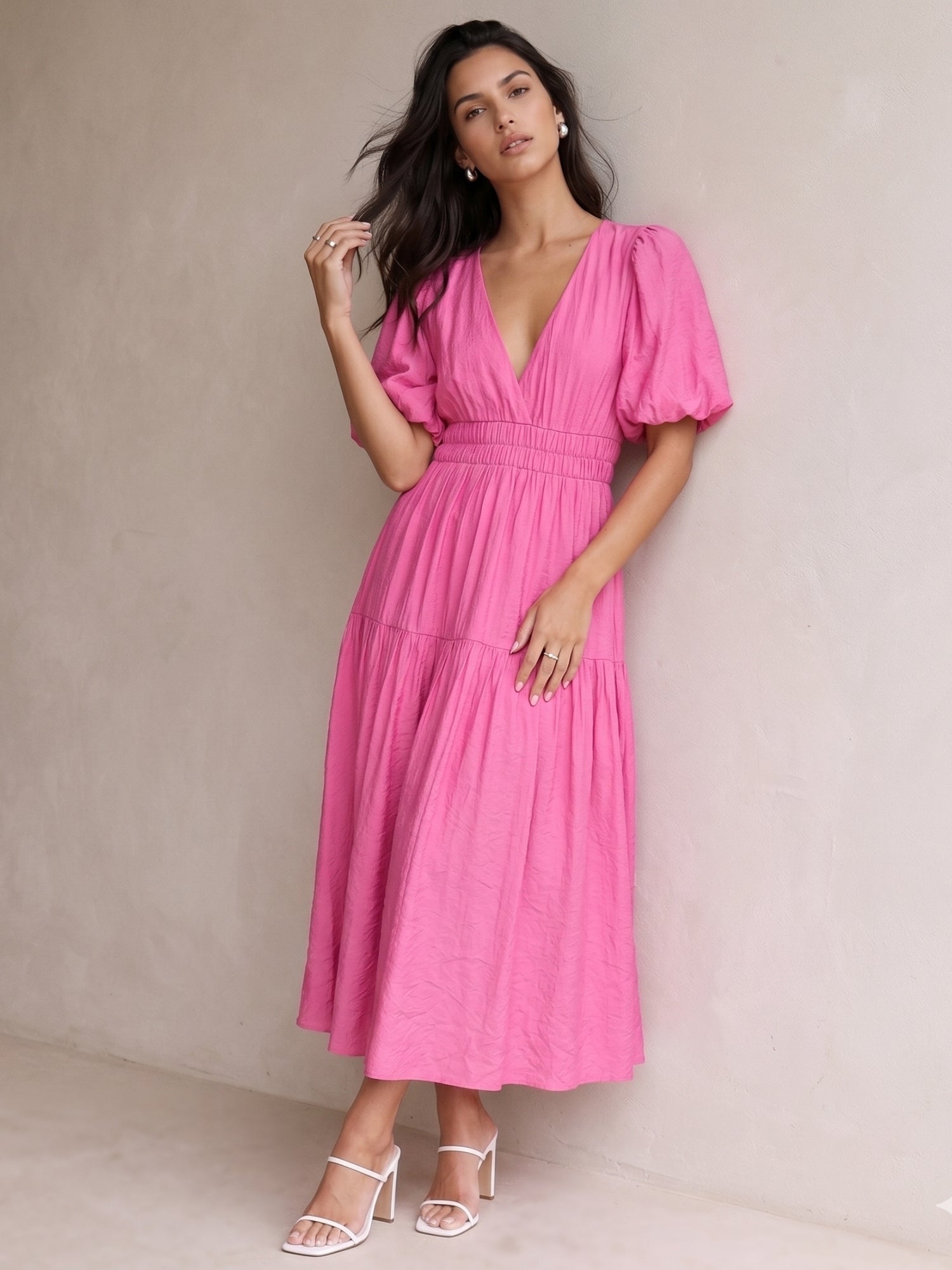 Pink Puff Sleeve Tiered Dress