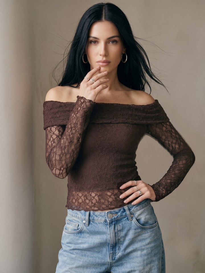 Brown Off-Shoulder Fitted Lace Top